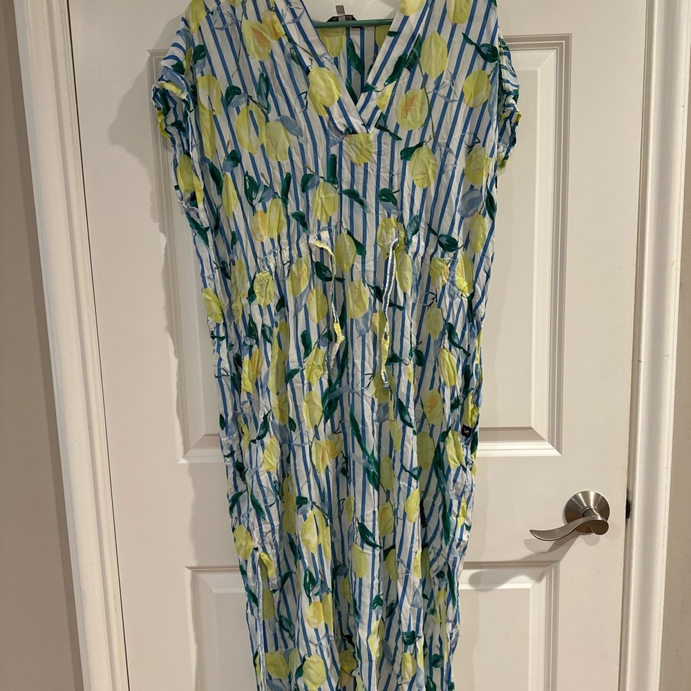 Joules Blue and Yellow Lemons Striped Swim Coverup